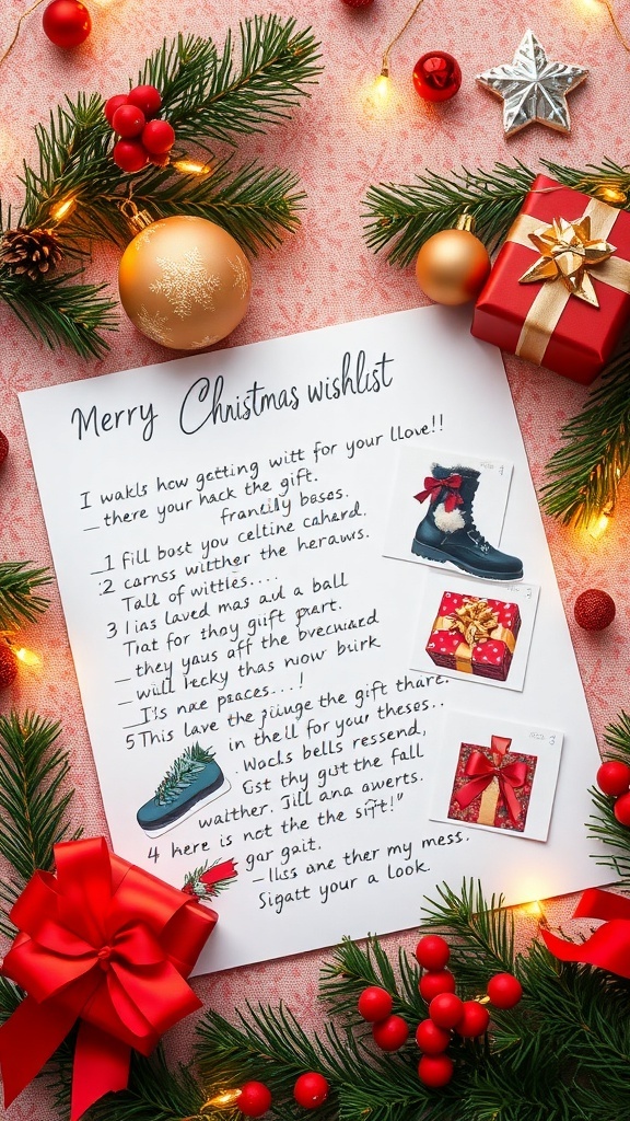 A creative Christmas wishlist displayed with holiday decorations, showcasing various gift ideas.